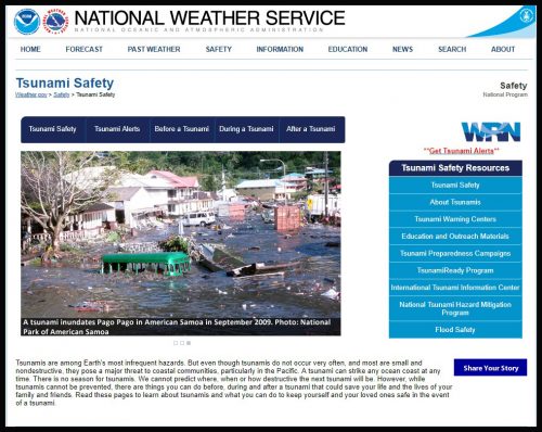 National Weather Service tsunami safety website screenshot