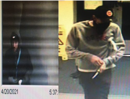 images from security camera: left image shows white male in black baseball hat and black hoodie with teal lanyard.  Second image shows man with face in shadow, black baseball cap and grey sweatshirt, carrying a knife. 