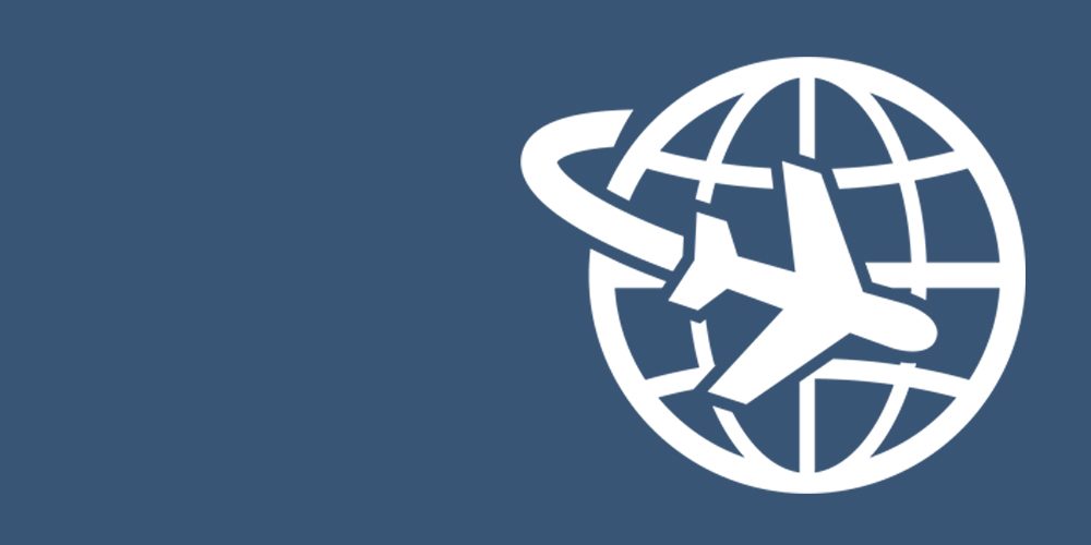 White icon of shipping plane flying across the globe.