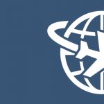 White icon of shipping plane flying across the globe.