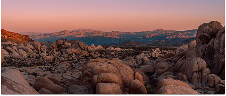 A field of rocks and a mountain range in Joshua Tree National Park.