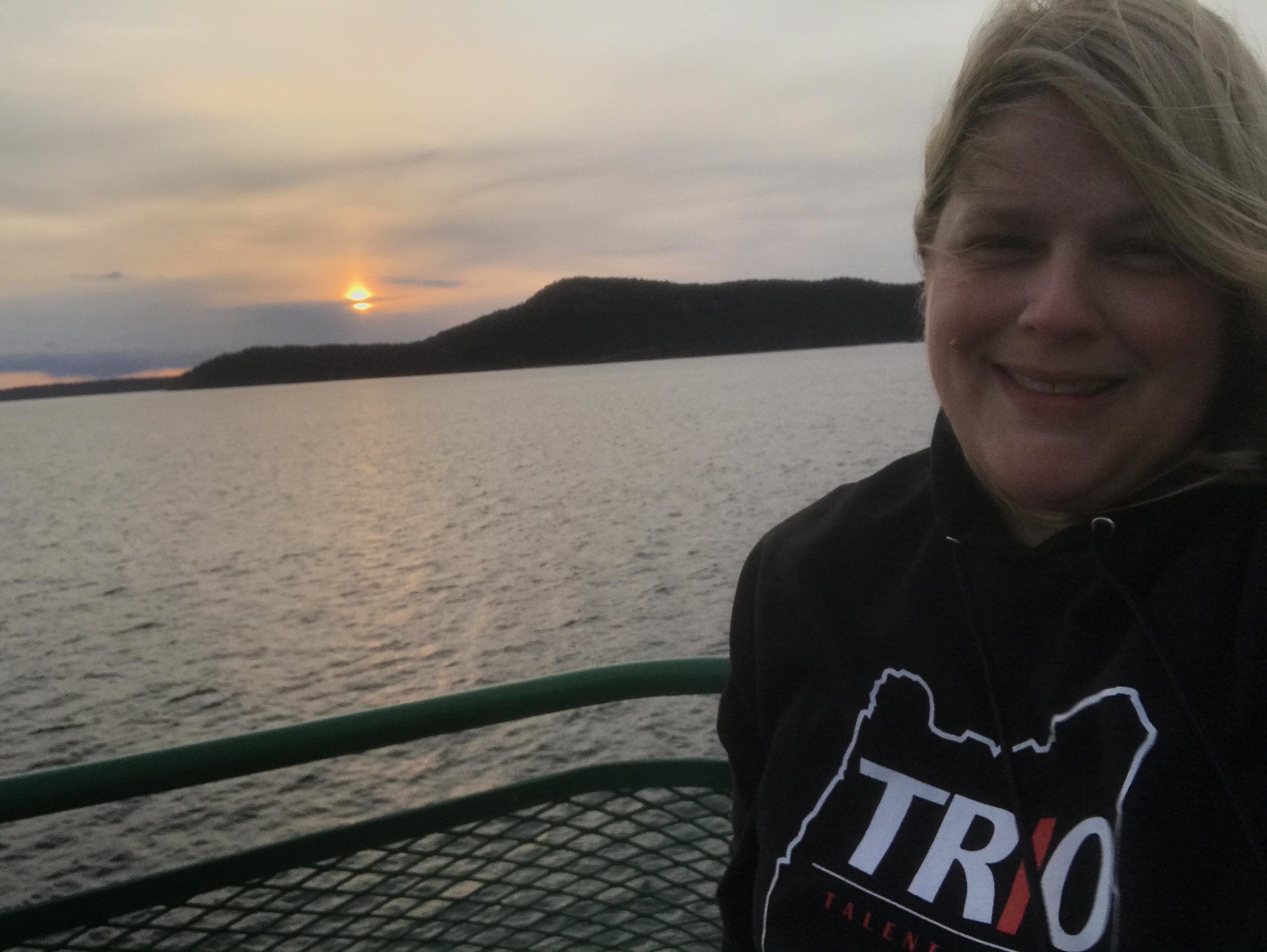 Liz in a TRIO hoody on a ferry in Puget Sound