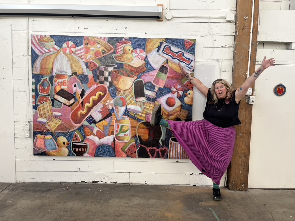 Image demonstrates the playful nature that PCC Community Ed Instructor Gia Whitlock brings to "Journal Based Mixed Media Painting," Winter, 2026. 