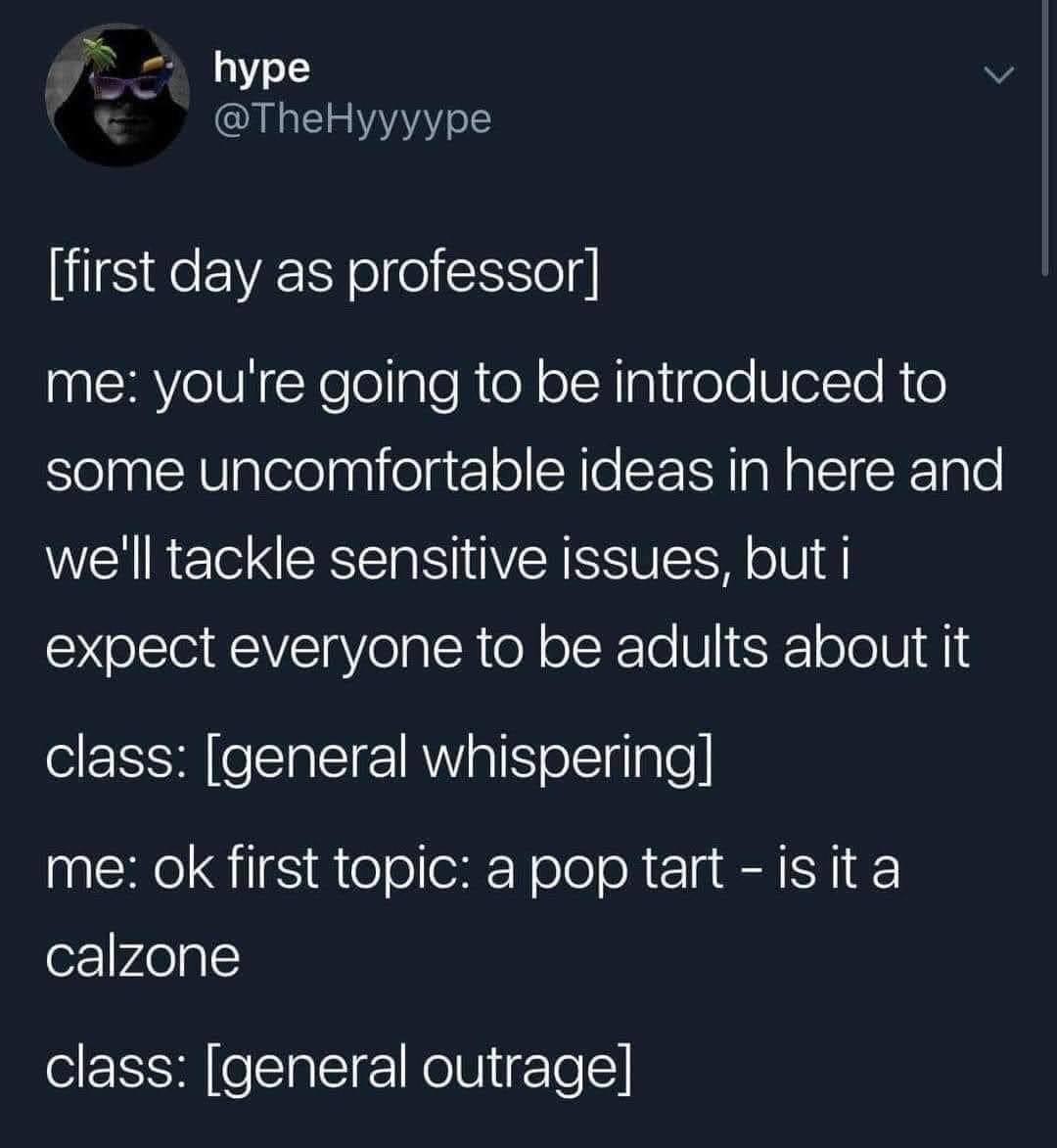 A meme where a professor asks students to decide if a pop tart is a calzone