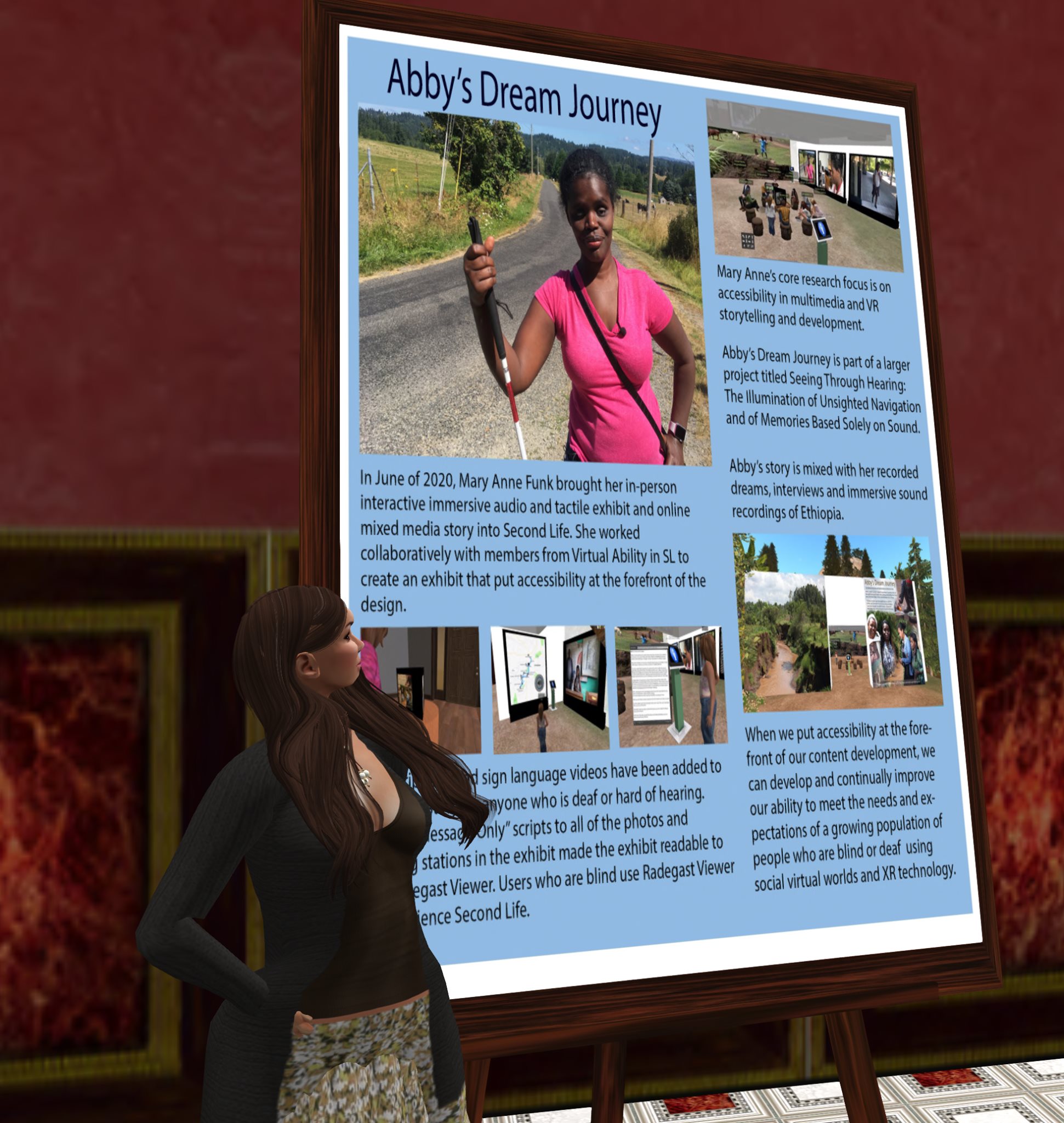 Mary Anne Funk as an avatar in Second Life showing her research poster during a presentation.