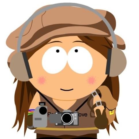 Mary Anne as a cartoon character sketch, holding a video camera, wearing a photo camera around her neck and wearing headphones.
