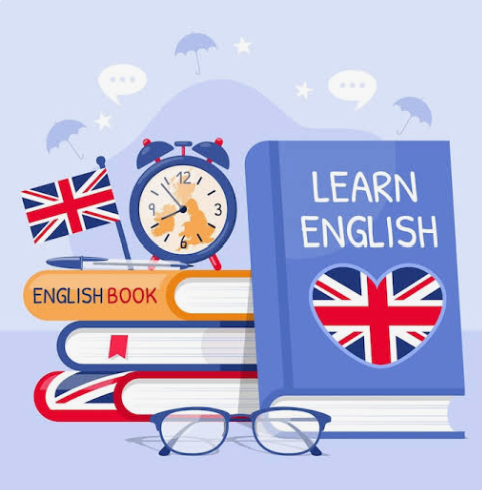 Decorative picture showing books that say "Learn English,"
