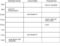 schedule grid , with tasks broken into three categories: scheduled activity (e.g. call info remote lecture), course task (e.g. read chapter three), and personal care (e.g. shower, breakfast)