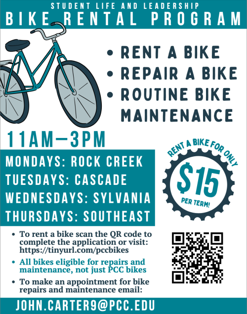 Bike image with information on renting and repairing bikes