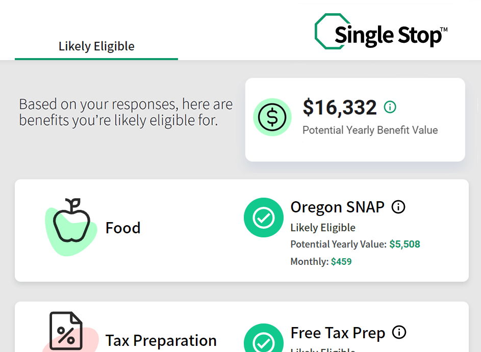 Single stop screenshot showing over $16k of benefit eligibility, including SNAP and tax prep