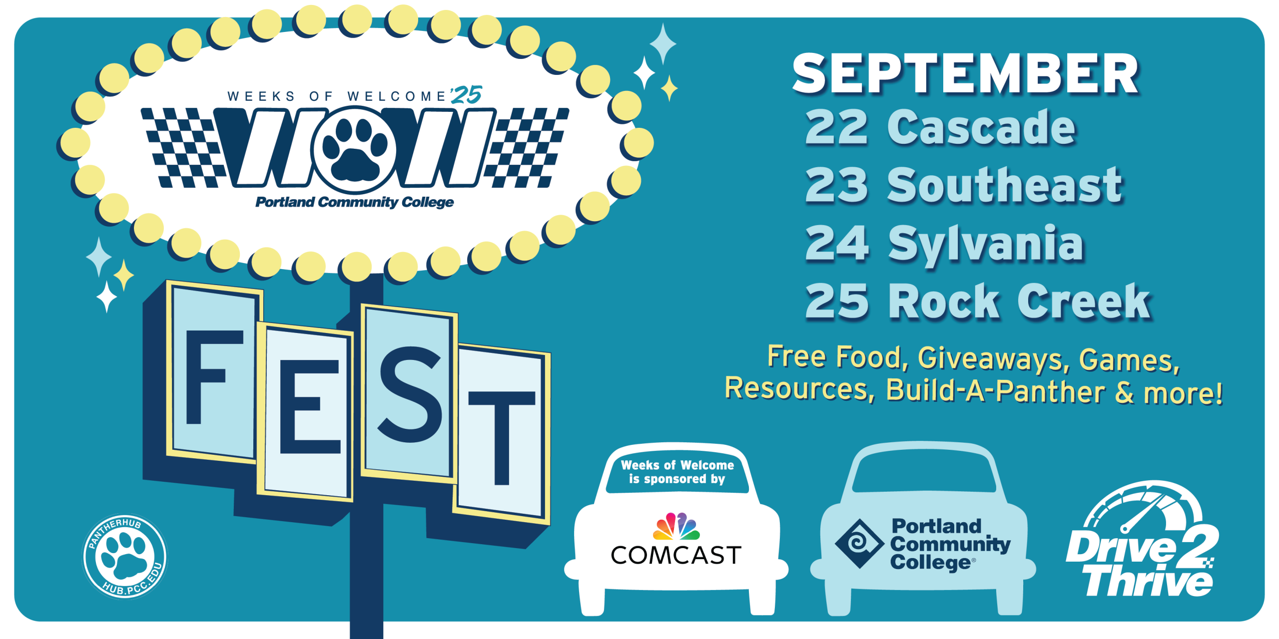 Week of welcome postcard: free food, giveaways, games, build-a-panther, and more!