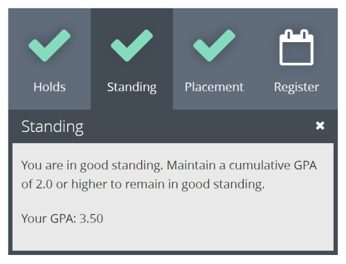 MyPCC screenshot showing good academic standing