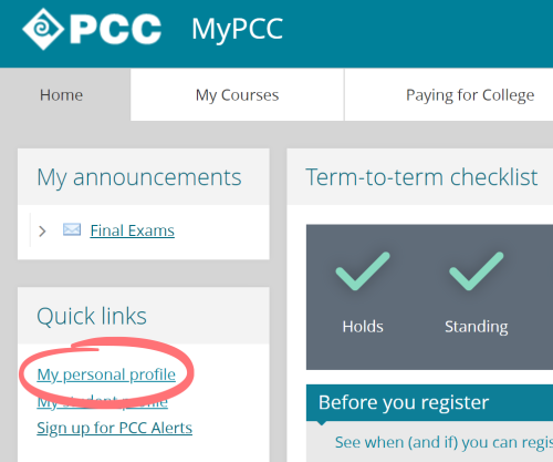 Screenshot of MyPCC Home tab with My personal profile link circled