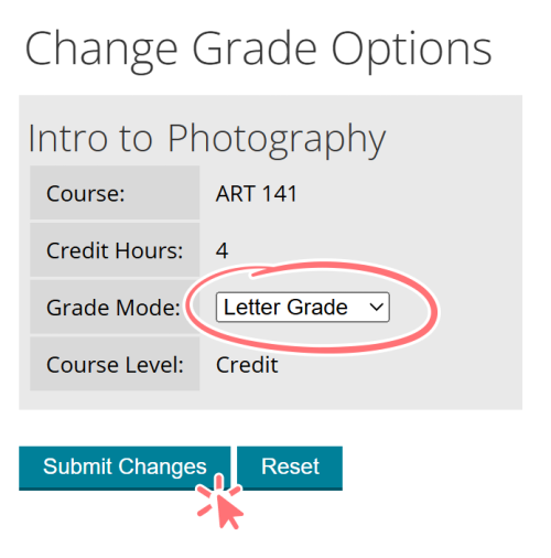screenshot of Change Grade Options screen with grade mode dropdown and submit changes button highlighted