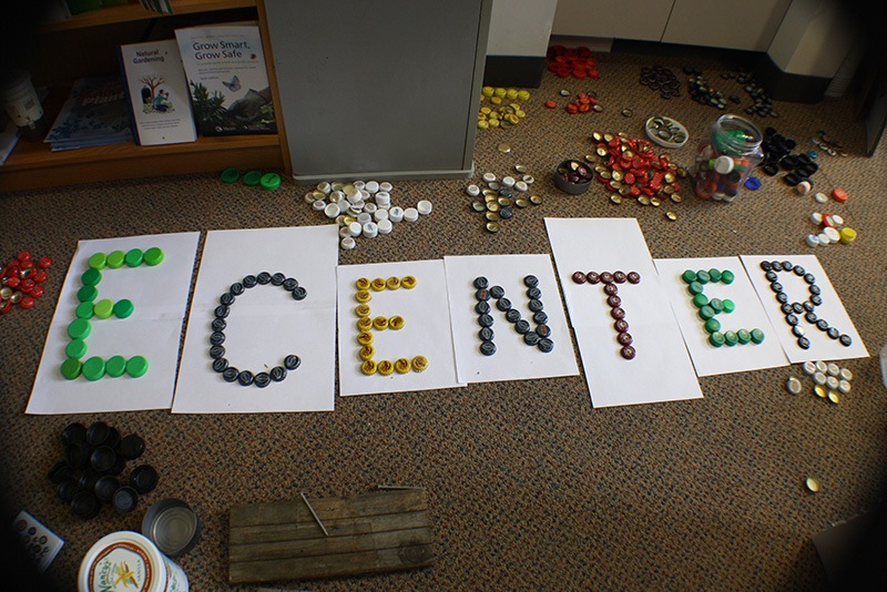 E Center sign made from bottle caps