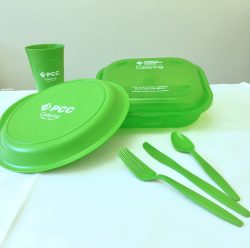 Durable recycled serviceware for catering at PCC