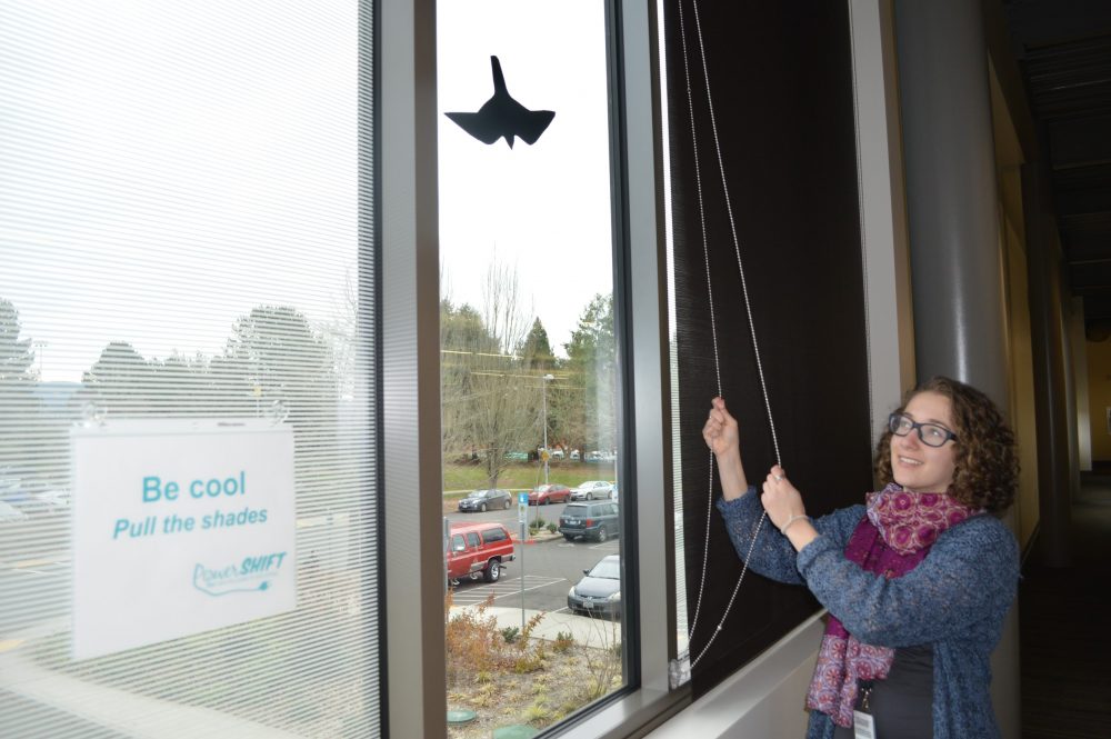 Woman pulls window shades closed.