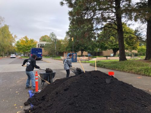 volunteer shovel a big pile of dirt