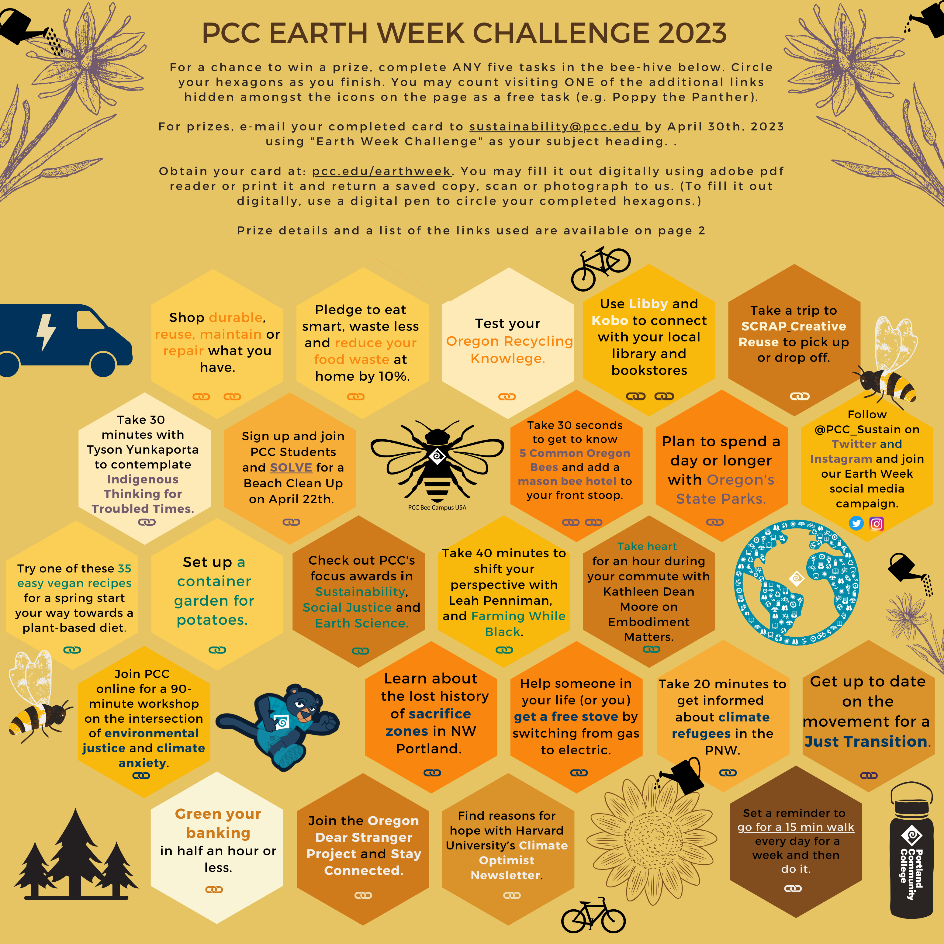 This is the PCC Earth Week Challenge Card. It's a set of hexagons, each with an individual task. The link prior to this provides a pdf file with the links for those who need an alternate format.
