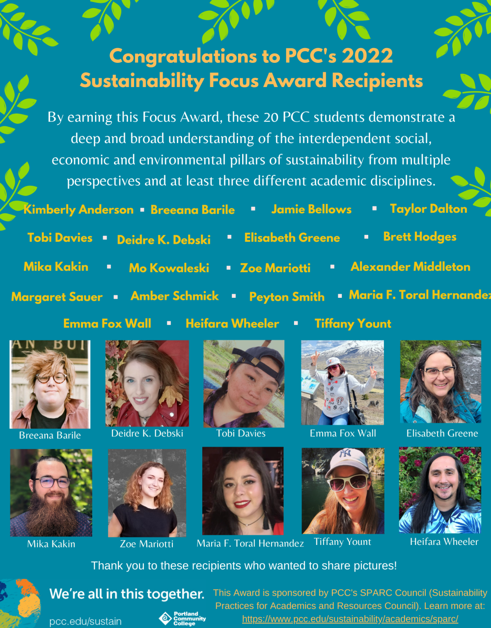 Congratulations to PCC's 2022 Sustainability Focus Award recipients