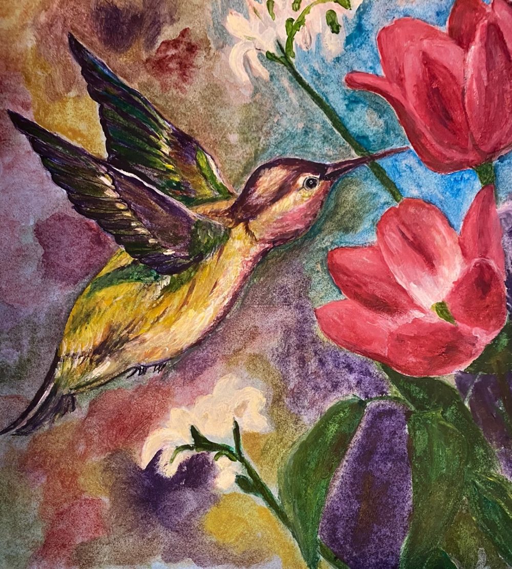 A water color image of a hummingbird with red flowers.