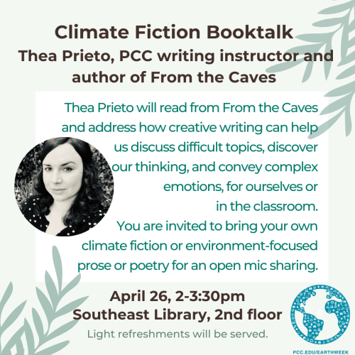 Climate Fiction Booktalk at Southeast Campus Library on April 26th from 2-3:30pm
