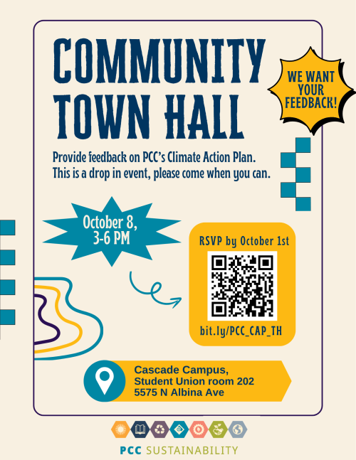 Decorative flyer with blue, yellow and purple shapes. Text boxes read: Community Town Hall. October 8th, 3-6pm.