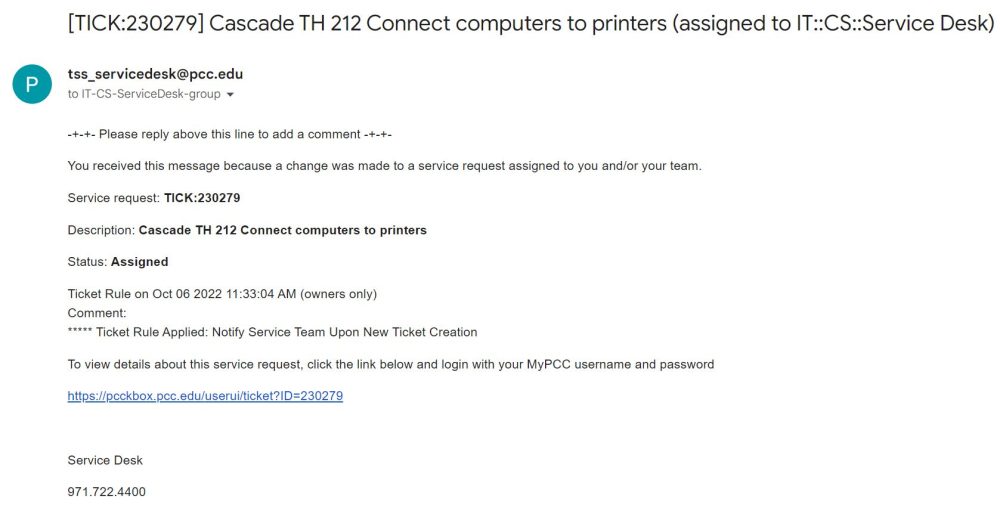Example of Service Desk Ticket. 