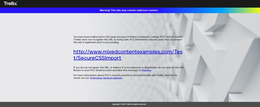 Trellix Message, asking if the link that was clicked on is legitimate. 