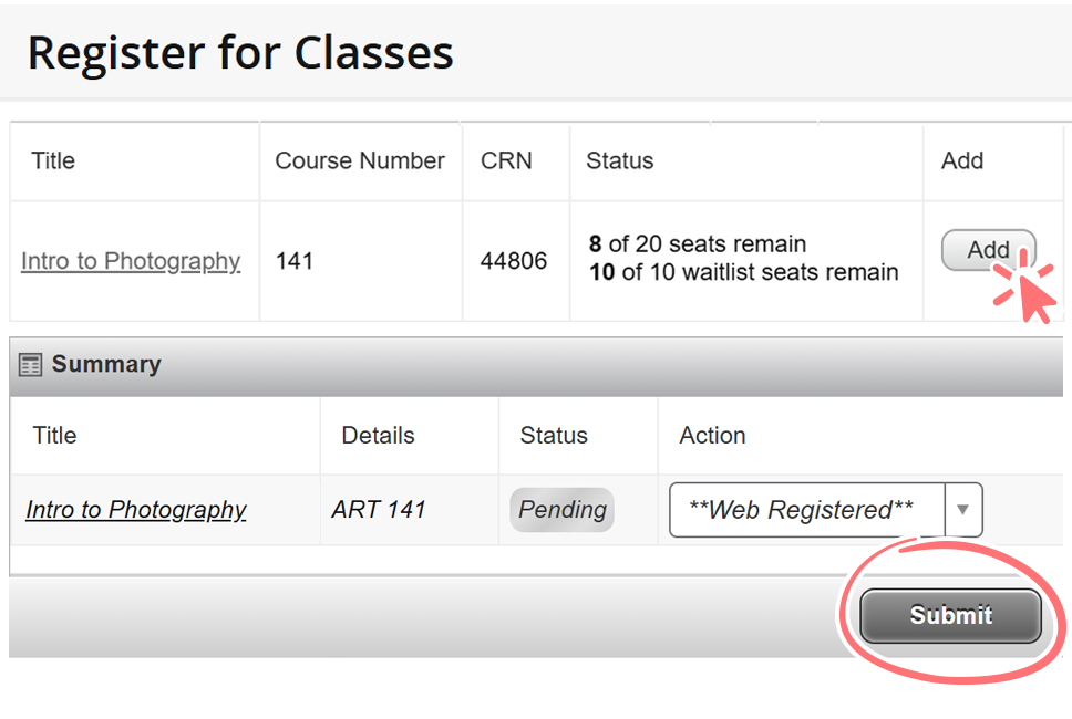 screenshot of register for classes page, a much simpler looking process with clear actions