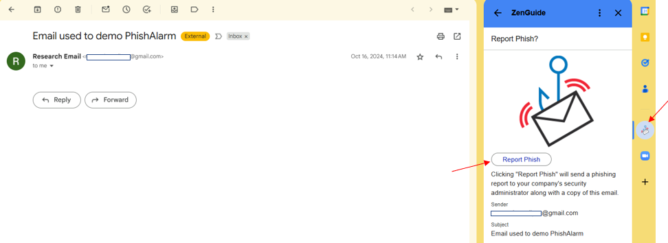 example of ZenGuide window in Gmail. Red arrows point to the icon in the right-hand toolbar and the Report Phish button.