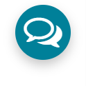 A teal circular icon with two white, overlapping speech bubbles in the center