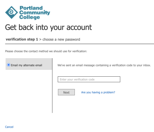 verification code entry prompt screen