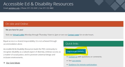 screenshot of accessible education site with log in link circled