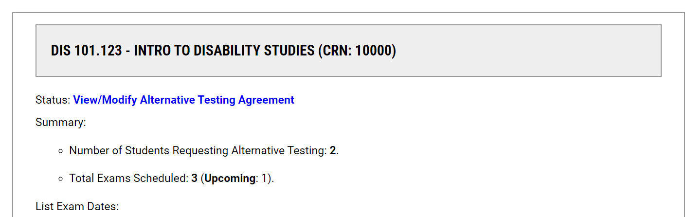 screenshot of view/modify alternative testing agreement link