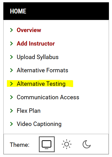 Screenshot of Home menu with Alternative Testing highlighted.