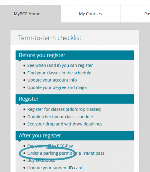 Order a parking permit link in MyPCC in the term-to-term checklist box