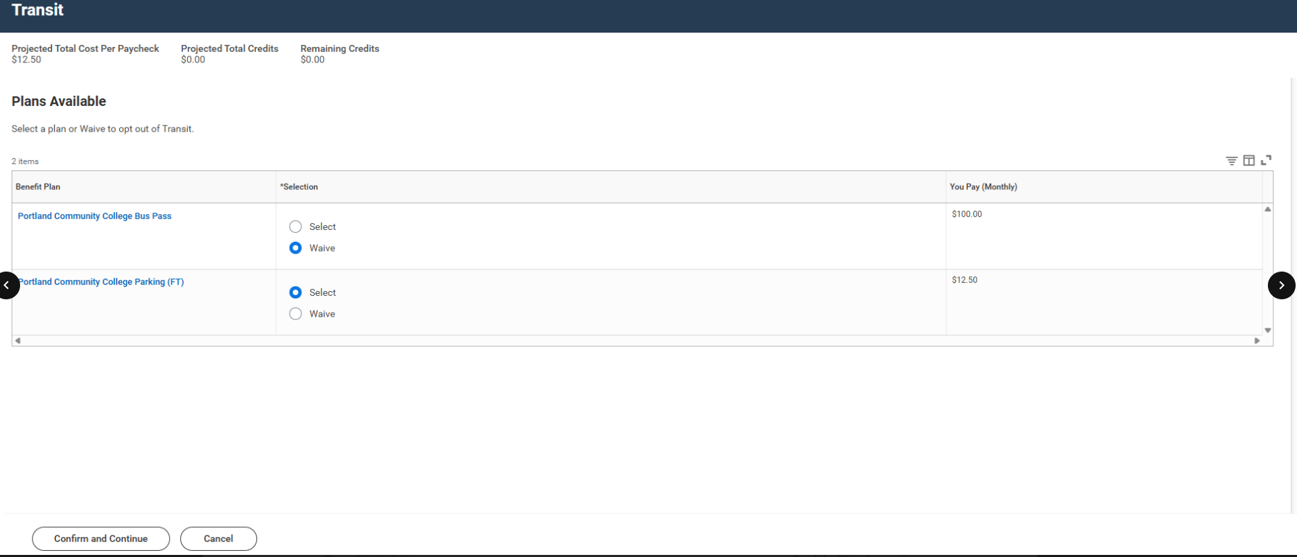Workday enrollment screen showing parking permit benefit selection and Confirm and Continue button