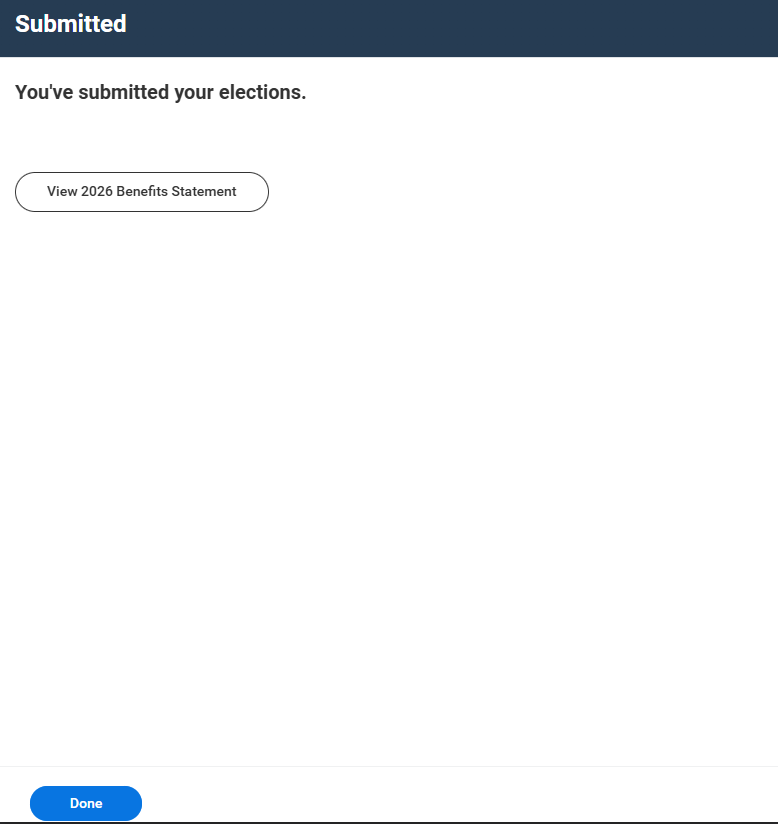 Workday confirmation screen showing benefit enrollment completed