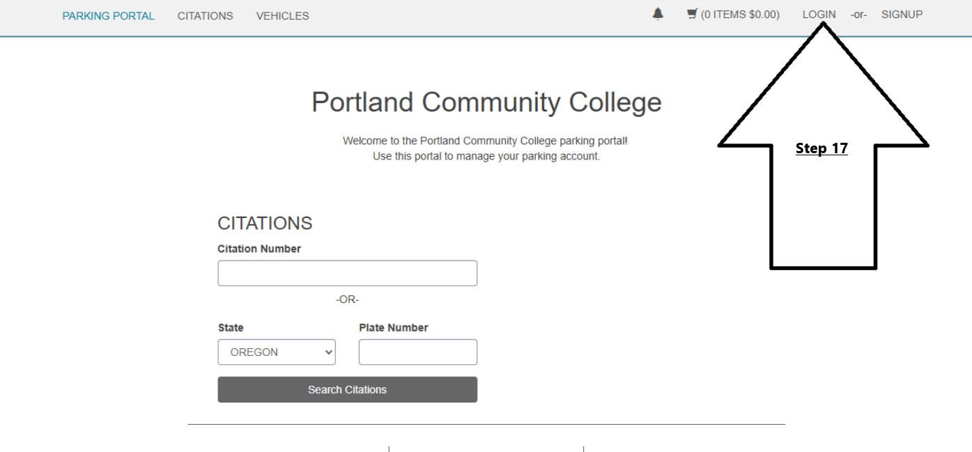 Parking portal login screen showing login link or user icon