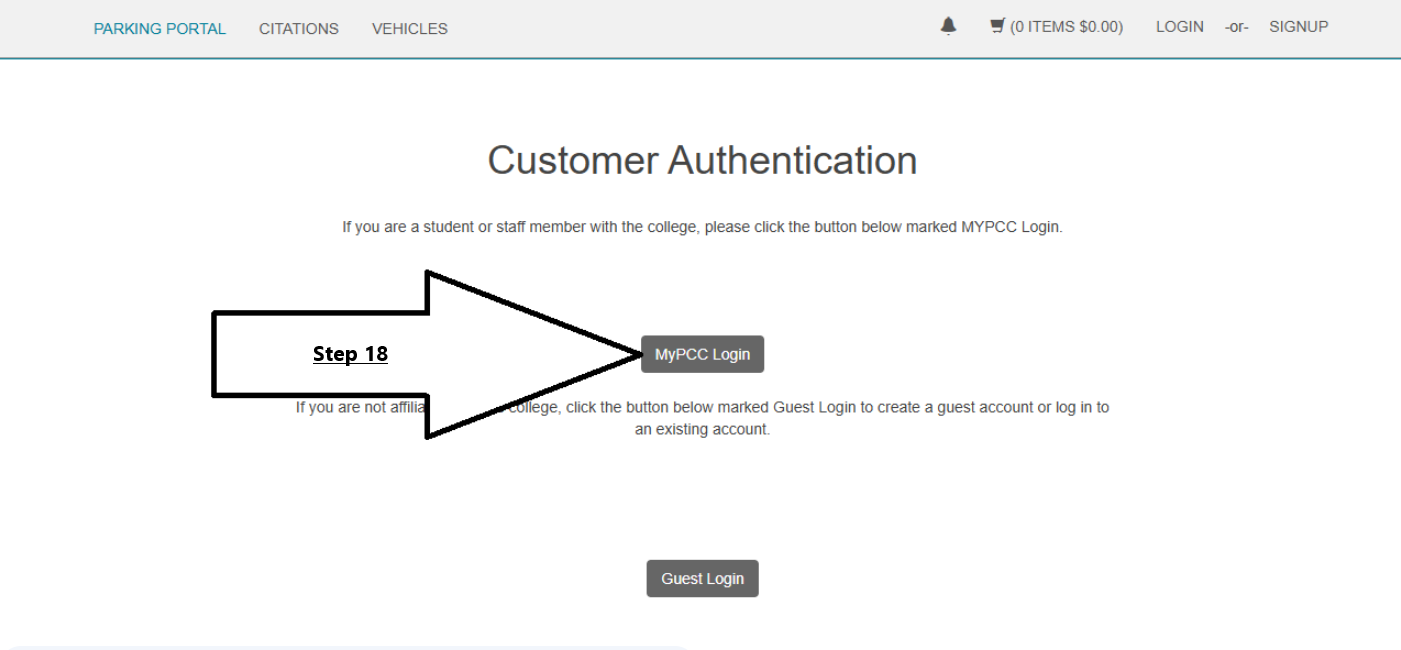 Parking portal login page showing MyPCC login option