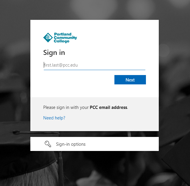 MyPCC login screen with username field including full PCC email