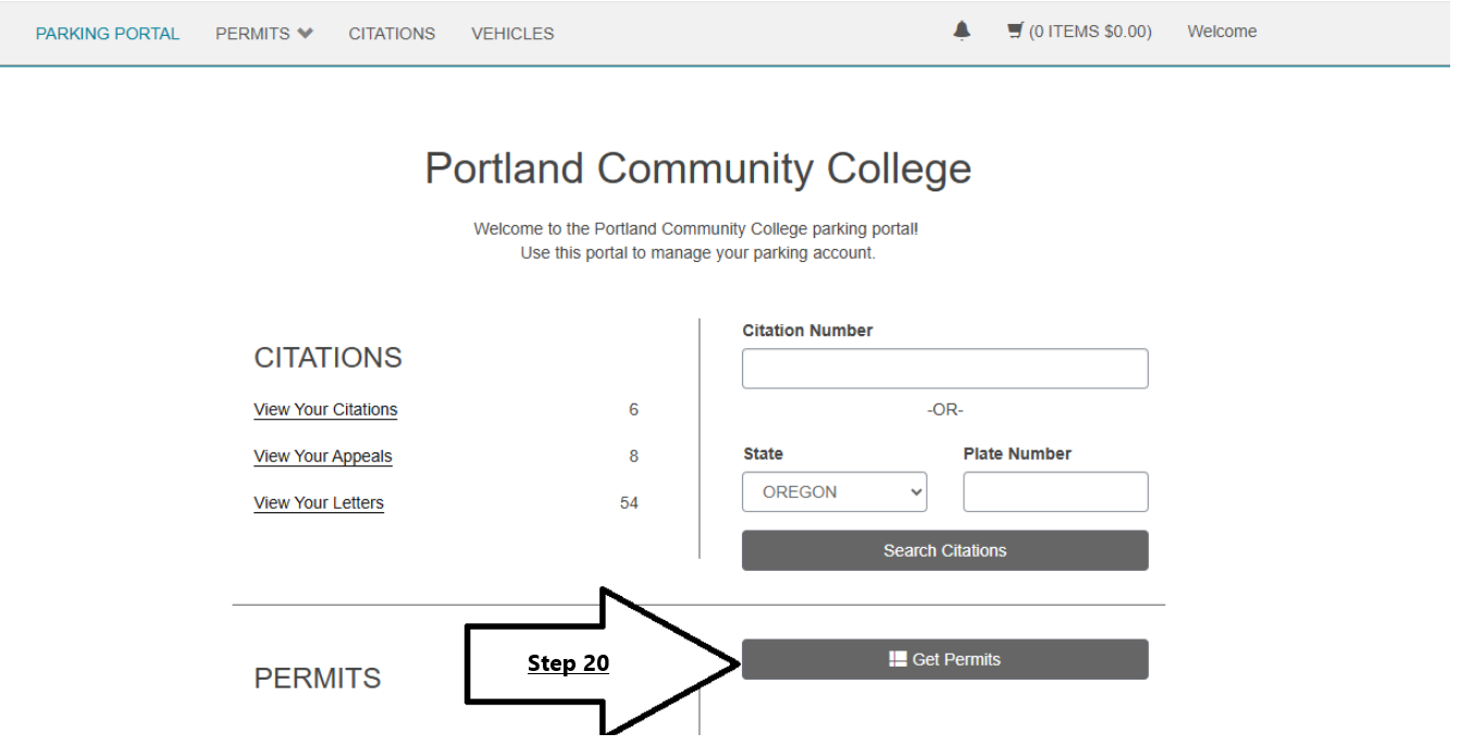 Parking portal dashboard showing Get Permits option