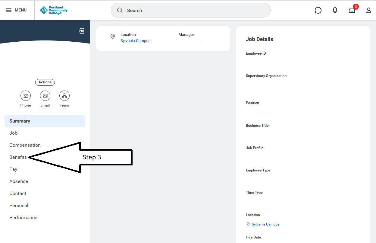 Workday profile page with the Benefits option selected