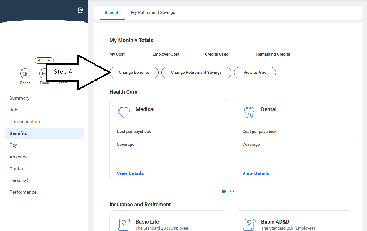 Workday Benefits page showing the Change Benefits option