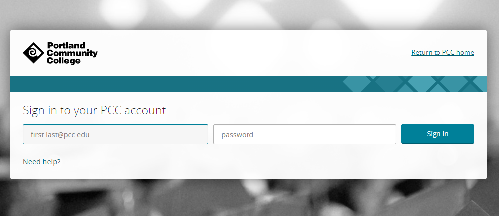 Secondary login screen prompting full PCC email login