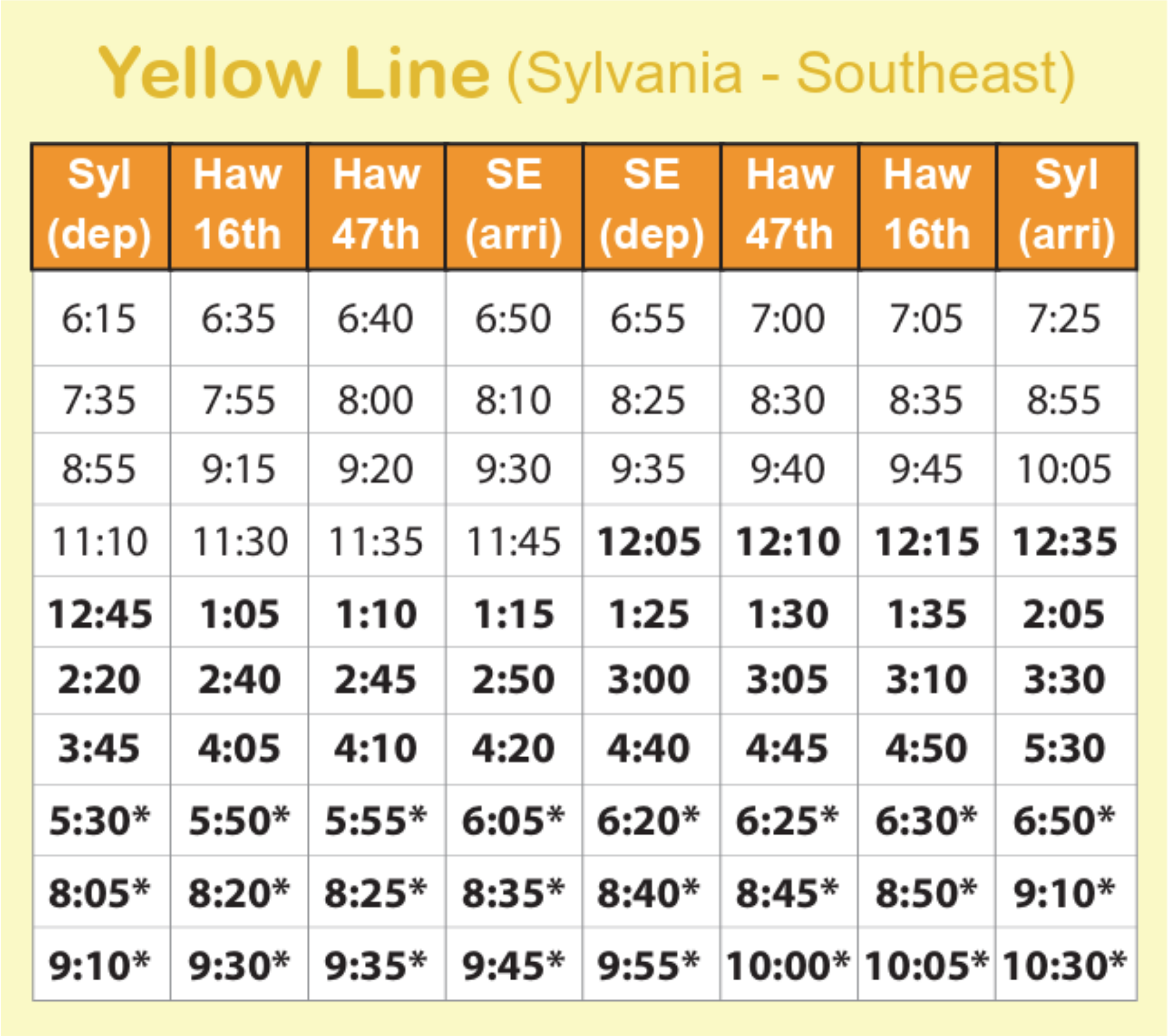 PCC Yellow Line Shuttle Schedule.