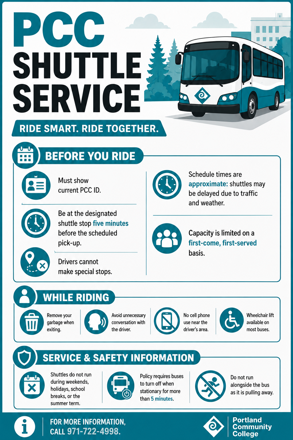 PCC Shuttle Service rider information. Before riding: show a current PCC ID, arrive at the designated shuttle stop five minutes before scheduled pick-up, note that drivers cannot make special stops, schedule times are approximate and may be delayed by traffic or weather, and capacity is limited on a first-come, first-served basis. While riding: remove your garbage when exiting, avoid unnecessary conversation with the driver, do not use cell phones near the driver’s area, and note that wheelchair lifts are available on most buses. Service and safety information: shuttles do not run on weekends, holidays, school breaks, or during summer term. Buses must turn off when stationary for more than five minutes. Do not run alongside a bus as it is pulling away. For more information, call 971-722-4998.