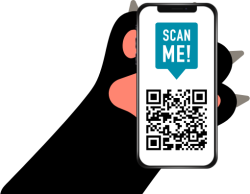 Illustration of a cat paw holding a phone, which shows a QR code
