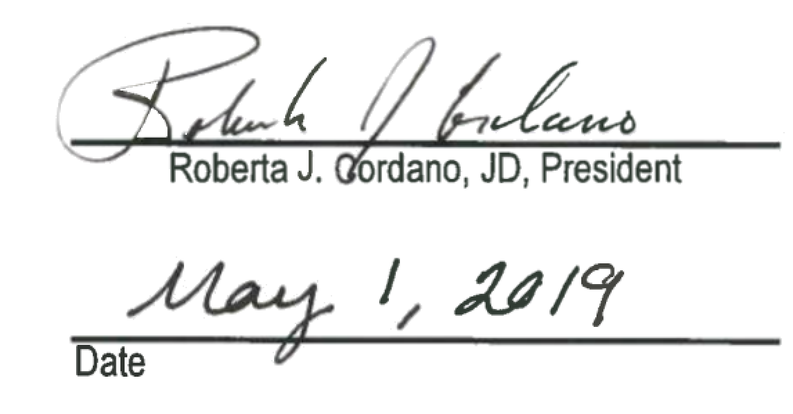 Signature of Roberta J. Cordano, JD, President Gallaudet University, dated May 1, 2019